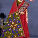 Red and dark chutney green sangeet sarovar malai cotton saree with embroidery design