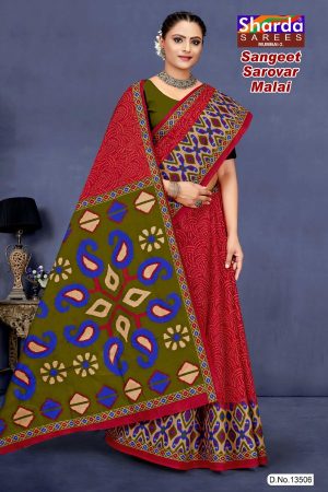 Red and dark chutney green sangeet sarovar malai cotton saree with embroidery design