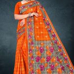 Lunch Break cotton saree in orange and grey with rose flower design