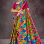 Colour Cinderella cotton saree with pink border, light green base, and multi-color creative design