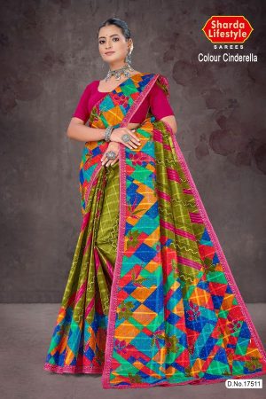 Colour Cinderella cotton saree with pink border, light green base, and multi-color creative design