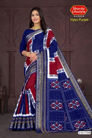 Hyko Puram Cotton Saree in Red and Dark Blue with Unique Design