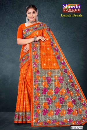 Lunch Break cotton saree in orange and grey with rose flower design