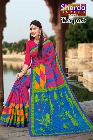 Tea Post Cotton Saree with Pink and Blue with Authentic Design