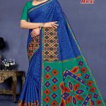 Dark blue and peacock green sangeet sarovar malai cotton saree with embroidery design