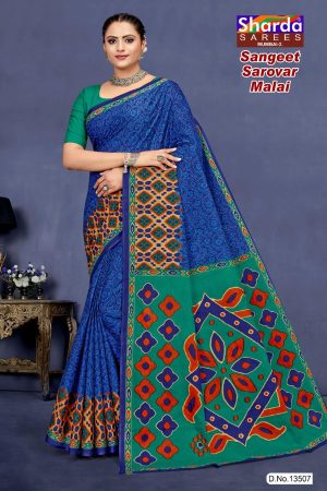 Dark blue and peacock green sangeet sarovar malai cotton saree with embroidery design