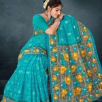 "Lunch Break cotton saree in sky blue and grey with rose flower design