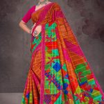 Colour Cinderella cotton saree with pink border, orange base, and multi-color creative design