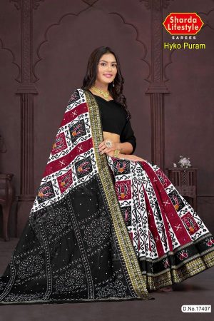 Hyko Puram Cotton Saree in White and Black with Unique Design