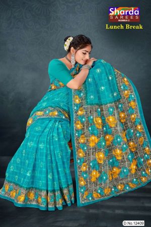 "Lunch Break cotton saree in sky blue and grey with rose flower design