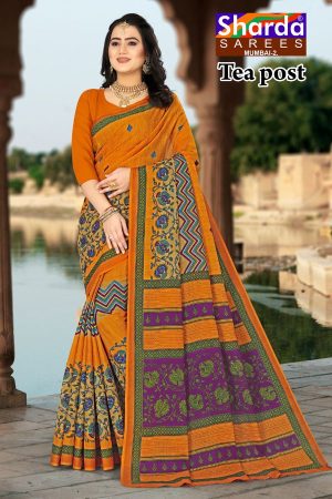 Tea Post Cotton Saree with Orange and Purple with Authentic Design