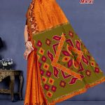 Orange and chutney green sangeet sarovar malai cotton saree with embroidery design