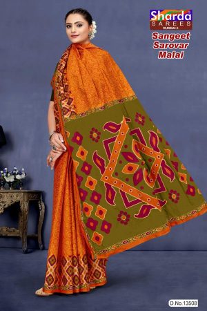 Orange and chutney green sangeet sarovar malai cotton saree with embroidery design