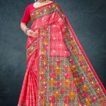 Lunch Break cotton saree in red and grey with rose flower design