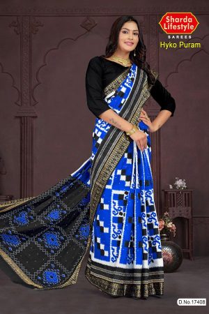 Hyko Puram Cotton Saree in Blue and Black with Unique Design