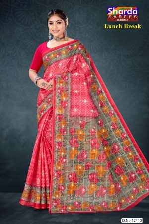 Lunch Break cotton saree in red and grey with rose flower design