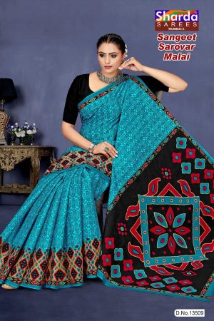 Sky blue and black sangeet sarovar malai cotton saree with embroidery design