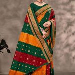 Rim Zim Gold cotton saree in green, yellow, and red with simple design