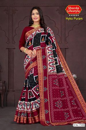 Hyko Puram Cotton Saree in Black and Red with Unique Design