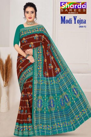 MODI YOJNA VOL-1 Cotton Saree in Maroon and Water Blue with Elegance Design