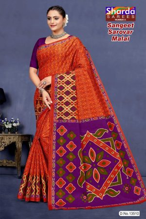 Hot orange and purple sangeet sarovar malai cotton saree with embroidery design