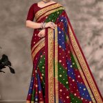 Rim Zim Gold cotton saree in maroon, green, and blue with simple design