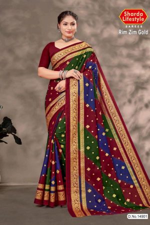 Rim Zim Gold cotton saree in maroon, green, and blue with simple design