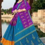 Tea Post Cotton Saree with Purple and Blue with Authentic Design