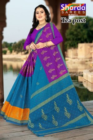 Tea Post Cotton Saree with Purple and Blue with Authentic Design