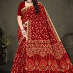 Red and cream Sagar Kinare malai cotton saree with embroidery design