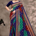 Rim Zim Gold cotton saree in dark blue, peacock green, and maroon with simple design