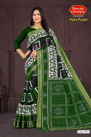 Hyko Puram Cotton Saree in Green and Black with Unique Design