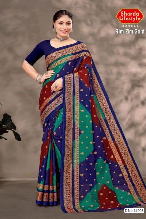 Rim Zim Gold cotton saree in dark blue, peacock green, and maroon with simple design