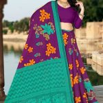 Tea Post Cotton Saree with Purple and Peacock Green with Traditional Design