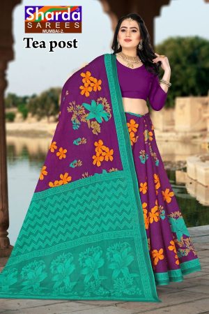 Tea Post Cotton Saree with Purple and Peacock Green with Traditional Design