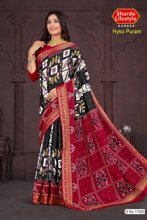 Hyko Puram Cotton Saree in Black, White, and Red with Unique Design