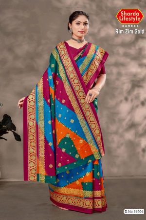 Rim Zim Gold cotton saree in dark pink, blue, and orange with simple design