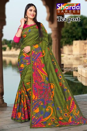 Tea Post Cotton Saree with Mehndi Green and Pink – Traditional Design