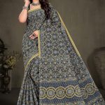 Grey and cream Sagar Kinare malai cotton saree with embroidery design