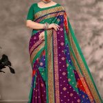 Rim Zim Gold cotton saree in purple, blue, and peacock green with simple design