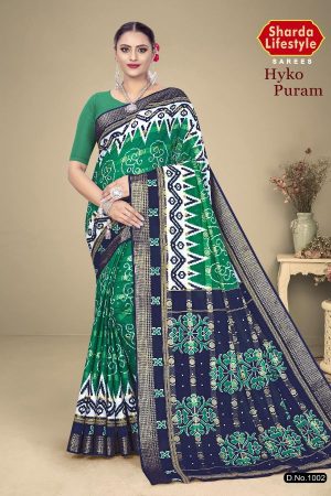 Hyko Puram Vol.02 Cotton Saree in Green and Blue with Premium Design