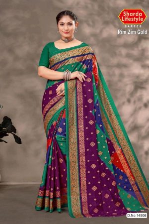 Rim Zim Gold cotton saree in purple, blue, and peacock green with simple design