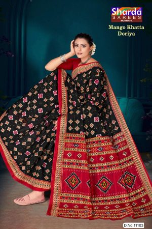 Mango Khatta Doriya black and red cotton saree with traditional bandhani design