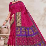 Shagun Malai cotton saree with pink base and magenta floral and leaf design, front view