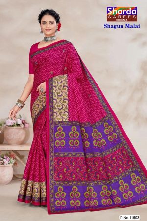 Shagun Malai cotton saree with pink base and magenta floral and leaf design, front view