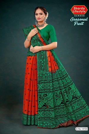 Green and red seasonal fruit cotton saree with accent design