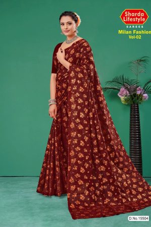 Milan Fashion Vol.02 cotton saree in dark red and copper with floral design