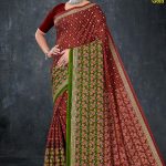 Bhagya Vidhata Gold cotton saree in maroon and green with small flower design