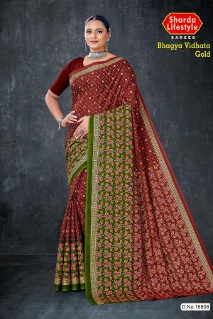 Bhagya Vidhata Gold cotton saree in maroon and green with small flower design