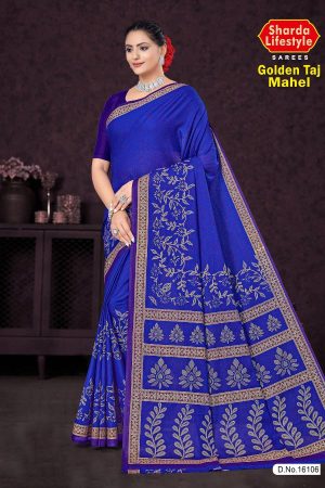 Golden Taj Mahal Cotton Saree in Dark Blue and Golden Color